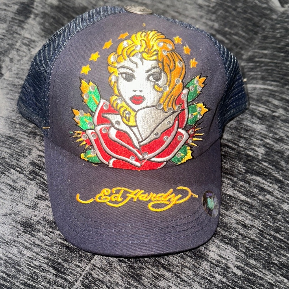 Ed Hardy Women's Navy Blue Trucker Hat RARE VINTAGE